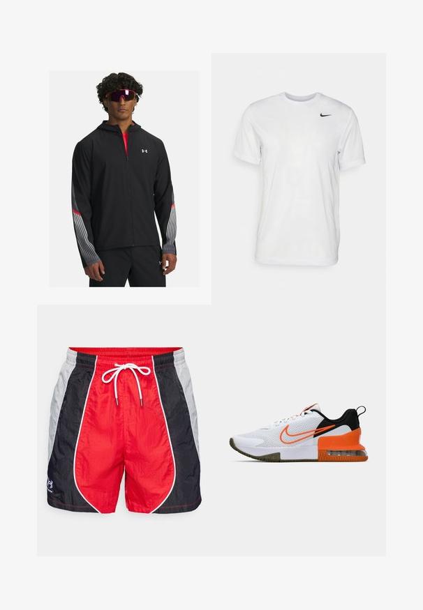 Melnas zip-up jaka ar kapuci, ar pelēkām svītrām un sarkaniem akcentiem uz piedurknēm. Valkāta virs sarkanas kreklas, parādīta ar saulesbrillēm.; Balts īsām piedurknēm T-krekls, kas izgatavots no gludas auduma. Tam ir apaļa kakla izgriezums un neliels melns Nike logo kreisajā krūtī.; Sarkanas peldbikses ar melnām un pelēkām sānu iedaļām, baltu saiti, vieglu audumu un kontrastējošu cauruli gar šuvēm.; Balti sporta apavi ar teksturētu sieta augšējo daļu, melniem un oranžiem akcentiem, biezu gumijas zoli un caurspīdīgu gaisa spilvenu daļu pie papēža.