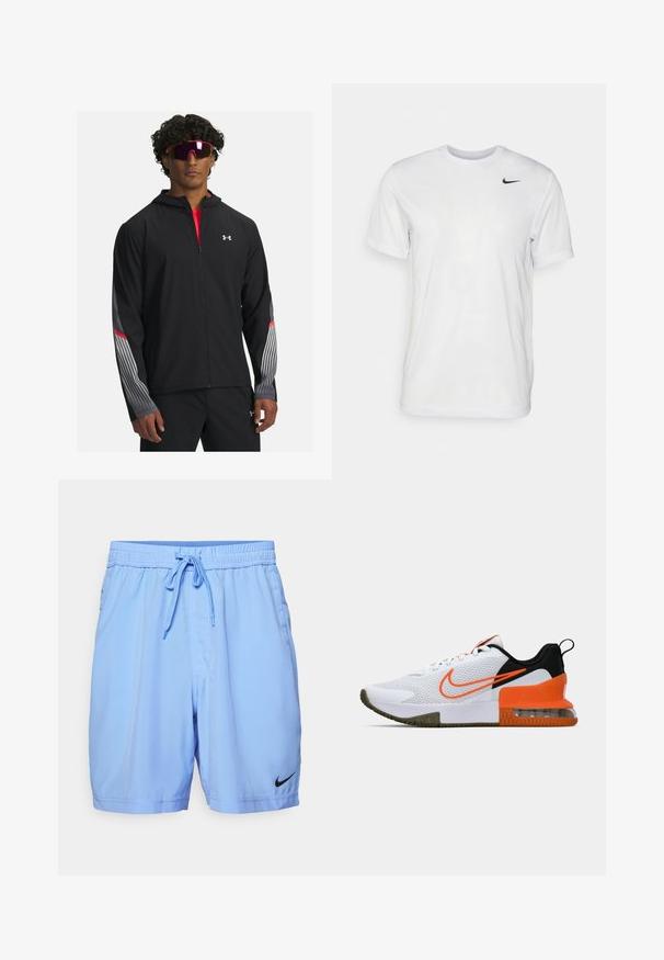 Melnas zip-up jaka ar kapuci, ar pelēkām svītrām un sarkaniem akcentiem uz piedurknēm. Valkāta virs sarkanas kreklas, parādīta ar saulesbrillēm.; Balts īsām piedurknēm T-krekls, kas izgatavots no gludas auduma. Tam ir apaļa kakla izgriezums un neliels melns Nike logo kreisajā krūtī.; Gaiši zili sporta šorti, kas izgatavoti no gludas auduma, ar elastīgu jostu ar auklu, sānu kabatām un melnu Nike logo.; Balti sporta apavi ar teksturētu sieta augšējo daļu, melniem un oranžiem akcentiem, biezu gumijas zoli un caurspīdīgu gaisa spilvenu daļu pie papēža.