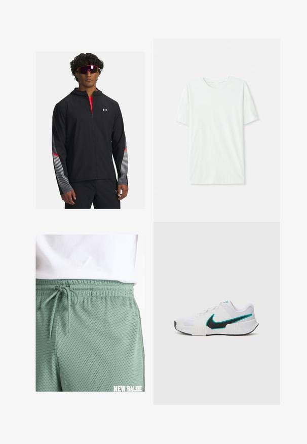 Chaqueta negra con cremallera y capucha, que presenta rayas grises y detalles rojos en las mangas. Llevada sobre una camiseta roja, mostrada con gafas de sol.; Camiseta de manga corta en verde menta claro, hecha de tela suave. Presenta un cuello redondo y un corte recto simple, sin adornos.; Bermudas de malla verde claro con cintura elástica y cordón. Presentan pequeños orificios para transpirabilidad y un detalle de logo en blanco.; Zapatilla deportiva blanca con parte superior de malla texturizada, suela de goma negra y acento del swoosh de Nike en color teal. Cuenta con cordones y un collar acolchado.
