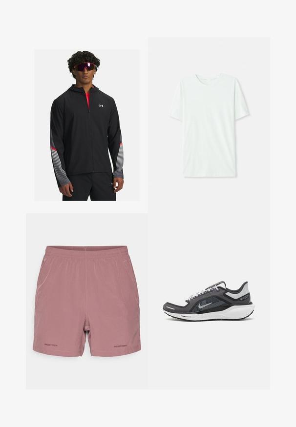 Čierna zipová bunda s kapucňou, obsahujúca šedé pruhy a červené akcenty na rukávoch. Nosená cez červené tričko, vystavená s okuliarmi.; Svetlo mentolová kráťacia tričko s krátkym rukávom vyrobené z jemnej látky. Má okrúhly výstrih a jednoduchý, rovný strih bez ozdôb.; Svetloružové atletické šortky s elastickým pásom, minimálne švy a logom „PROJECT ROCK“ potlačeným v dolnom ľavom rohu.; Čierna a sivá športová obuv s vrchnou časťou z priedušného materiálu, reflexné akcenty a biely medzipodrážka. Obsahuje štruktúrovanú gumovú podrážku a šnúrky.