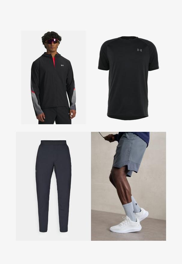 Schwarze Zip-up-Jacke mit Kapuze, mit grauen Streifen und roten Akzenten an den Ärmeln. Getragen über einem roten Shirt, präsentiert mit Sonnenbrille.; Schwarzes kurzärmeliges Sportshirt aus glattem, leichtem Material. Verfügt über einen runden Ausschnitt und ein dezentes Logo auf der Brust.; Schwarze Sporthose mit glatter Textur, schlankem Schnitt, elastischem Bund und seitlichen Taschen. Mit einem kleinen Logo auf dem linken Oberschenkel.; Weiße Sportschuhe mit strukturiertem Mesh-Obermaterial, kombiniert mit hellblauen gerippten Socken mit einem Logo. Graue Sportshorts mit perforiertem Saum.