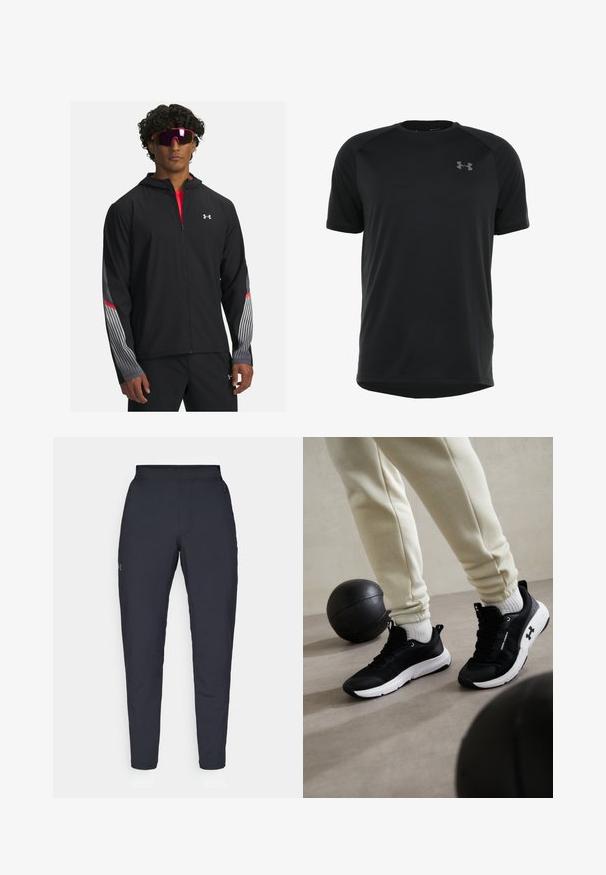 Schwarze Zip-up-Jacke mit Kapuze, mit grauen Streifen und roten Akzenten an den Ärmeln. Getragen über einem roten Shirt, präsentiert mit Sonnenbrille.; Schwarzes kurzärmeliges Sportshirt aus glattem, leichtem Material. Verfügt über einen runden Ausschnitt und ein dezentes Logo auf der Brust.; Schwarze Sporthose mit glatter Textur, schlankem Schnitt, elastischem Bund und seitlichen Taschen. Mit einem kleinen Logo auf dem linken Oberschenkel.; Schwarze Sportschuhe mit weißer Sohle, ausgestattet mit einem texturierten Obermaterial und Schnürsystem. Begleitet von creamfarbener Jogginghose und einem schwarzen Basketball.