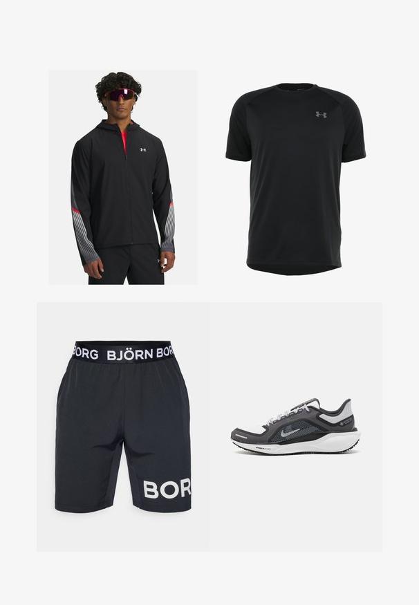 Mustra musta tõmbetaskuga jope, millel on hallid triibud ja punased aktsendid varrukatel. Kandmine punase särgi peal, esitatud koos prillidega.; Must värviga lühikeste varrukatega treeningpoliis, mis on valmistatud siledast ja kergest kangast. Omab ümarat kaelust ja diskreetset logo rinnal.; Mustad sportlikud lühikesed püksid veniva vöökohaga, millel on valge kiri "BJÖRN BORG". Vasakul säärel on valge mustriga "BORG" logo.; Mustern ja hallide värvusega spordijalats, millel on võrgusilmast ülemine osa, peegeldavad aktsendid ja valge vaheosa. Omab tekstuuriga kummist välisosa ja kingapaelu.