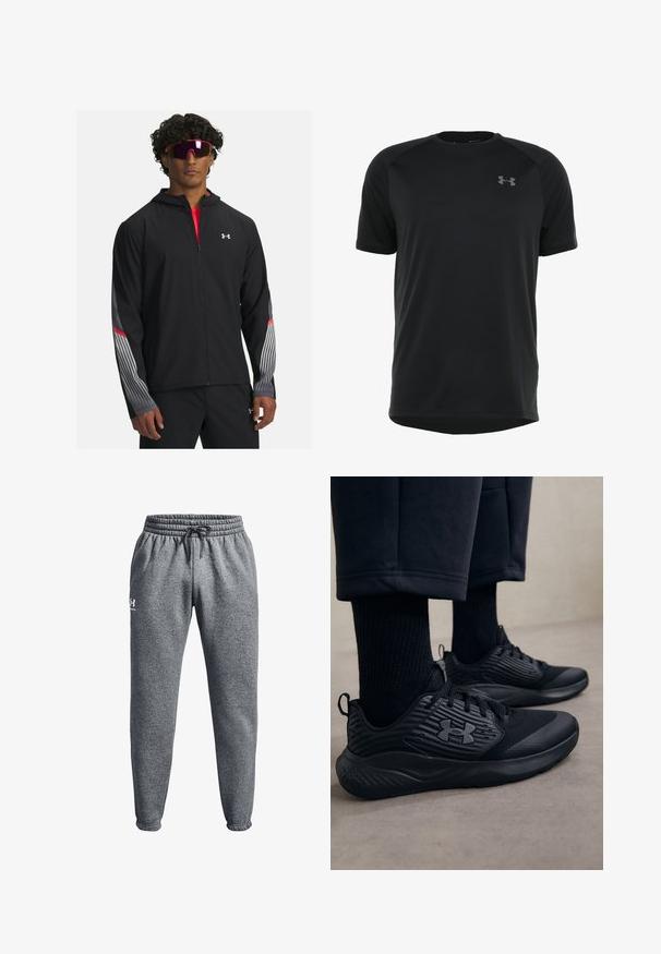 Zwarte zip-up jas met een capuchon, voorzien van grijze strepen en rode accenten op de mouwen. Draag deze over een rood T-shirt, weergegeven met een zonnebril.; Zwart sportshirt met korte mouwen, gemaakt van glad, lichtgewicht stof. Heeft een ronde halslijn en een discrete logo op de borst.; Grijze joggingsbroek gemaakt van zachte stof met een elastische tailleband en trekkoord. Heeft taps toelopende broekspijpen en een logo aan de linkerkant.; Persoon in zwarte sport sneakers met gestructureerde zijkanten en logo, gecombineerd met zwarte sokken en cropped broek op een lichte vloer.