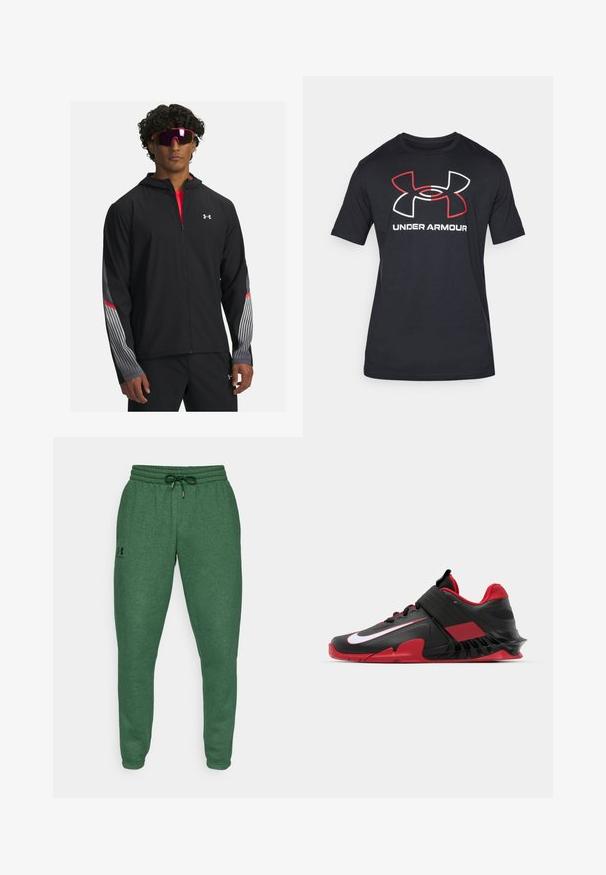 Juodas zip-up džemperis su gobtuvu, su pilkomis juostelėmis ir raudonais akcentais ant rankovių. Užsidėtas ant raudono marškinėlio, demonstruojamas su akiniais nuo saulės.; Juodas trumpas rankovės marškinėliai pagaminti iš lengvos medžiagos, su dideliu raudonu ir baltu "Under Armour" logotipo spaudiniu priekyje.; Žalios sportinės kelnės iš minkštos, tekstūruotos medžiagos. Savininkas elastingas juosmuo su raišteliu ir mažas logotipas šone.; Juodos ir raudonos sportinės kedai su elegantišku dizainu, tekstūruotu tinklo viršumi, tvirtu guminiais padu ir ryškiu baltu logotipo akcentu.