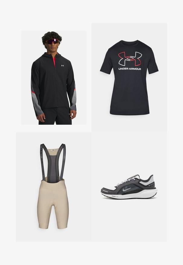 Juodas zip-up džemperis su gobtuvu, su pilkomis juostelėmis ir raudonais akcentais ant rankovių. Užsidėtas ant raudono marškinėlio, demonstruojamas su akiniais nuo saulės.; Juodas trumpas rankovės marškinėliai pagaminti iš lengvos medžiagos, su dideliu raudonu ir baltu "Under Armour" logotipo spaudiniu priekyje.; Bežinės dviračio šortai su juodomis tinklinėmis petnešomis, turintys paminkštintą sėdėjimo zoną ir švelnią, tamprią medžiagą patogumui ir palaikymui.; Juodas ir pilkas sportinis batelis su tinkleliu viršuje, atspindinčiais akcentais ir balta vidurinė dalimi. Yra tekstūruota guminė išorinė pada ir raišteliai.