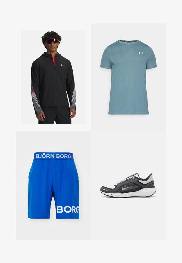 Mustapukuinen vetoketjullinen takki hupulla, jossa on harmaat raidat ja punaiset yksityiskohdat hihoissa. Viettää punaisen paidan päällä, esiteltynä aurinkolasien kanssa.; Vaaleansininen lyhythihainen t-paita, jossa on teksturoitu kangas, pyöreä pääntie ja valkoinen logo rinnassa. Valmistettu hengittävästä materiaalista.; Björn Borg SHORTS - Urheilushortsit - classic blue; Musta ja harmaa urheilukenka, jossa on verkkopäällinen, heijastavat yksityiskohdat ja valkoinen välipohja. Varustettu kuvioidulla kumipohjalla ja nauhoilla.