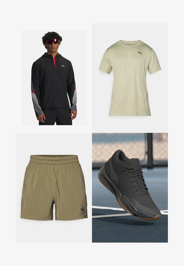 Mustra musta tõmbetaskuga jope, millel on hallid triibud ja punased aktsendid varrukatel. Kandmine punase särgi peal, esitatud koos prillidega.; Hele roheline lühikeste varrukatega T-särk pehmest kangast, ümar kaelus ja väike must Puma logo rinnal.; Oliivroheline lühike pükste paar elastse vöökohta, mis on valmistatud siledast ja kergest materjalist. Lühikestel pükstel on alumisel säärel väike must Puma logo.; Mustad mustreejal, millel on sile sünteetiline pealis, tekstuuriga aktsendid ja kummist tallad, loodud soorituse ja mugavuse tagamiseks.