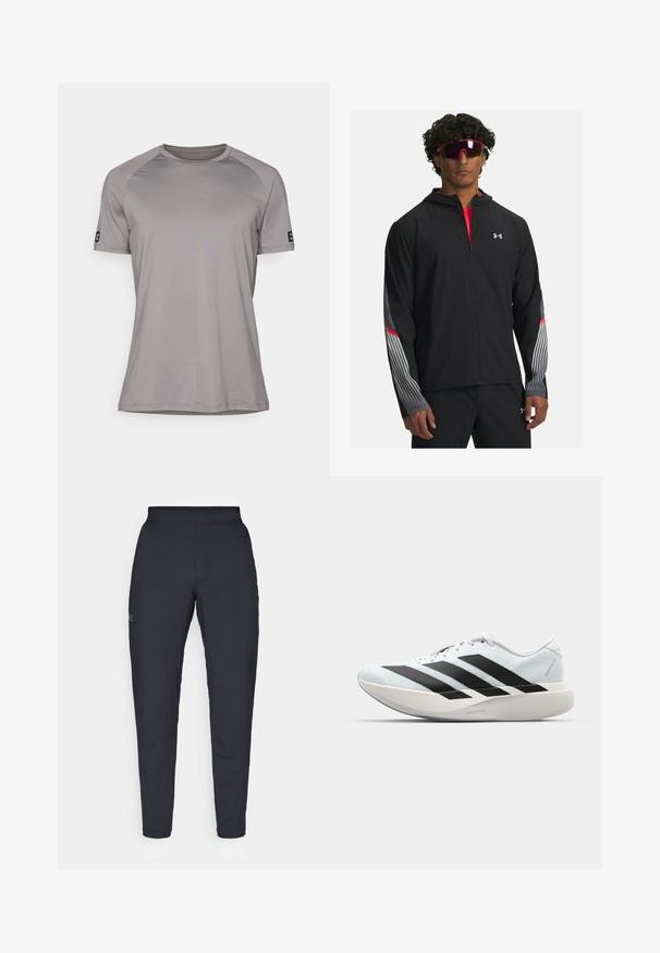 Black zip-up jacket with a hood, featuring gray stripes and red accents on sleeves. Worn over a red shirt, displayed with sunglasses.; Grey short-sleeve t-shirt with a crew neck, made from smooth, lightweight fabric. Features a logo on the left sleeve.; Black athletic pants with a smooth texture, slim fit, elastic waistband, and side pockets. Features a small logo on the left thigh.; Lightweight running shoes in pale blue with black stripes. Features a smooth upper, round toe, and thick white midsole labeled "LIGHTSTRIKE PRO."