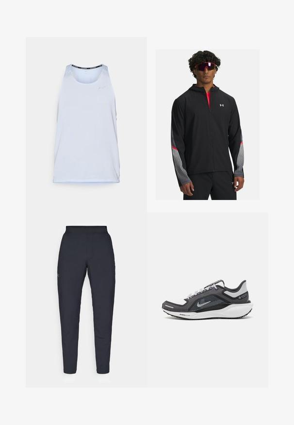 Black zip-up jacket with a hood, featuring gray stripes and red accents on sleeves. Worn over a red shirt, displayed with sunglasses.; Light blue athletic tank top with a breathable, perforated fabric, featuring a round neckline and a black accent along the collar.; Black athletic pants with a smooth texture, slim fit, elastic waistband, and side pockets. Features a small logo on the left thigh.; Black and gray athletic shoe with a mesh upper, reflective accents, and a white midsole. Features textured rubber outsole and laces.