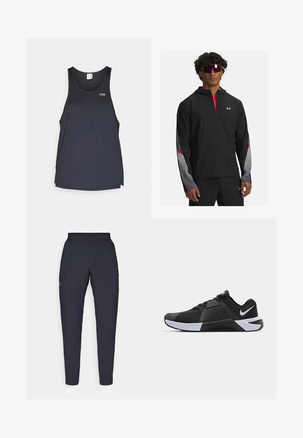 Sort zip-jakke med hætte, prydet med grå striber og røde detaljer på ærmerne. Bæres over en rød skjorte, vist med solbriller.; Sort atletisk tanktop med nettekstur, rund halsudskæring og et lille hvidt logo øverst til venstre.; Sorte atletiske bukser med en glat overflade, tætsiddende pasform, elastisk talje og sidelommer. Indeholder et lille logo på venstre lår.; Nike Performance METCON 10 - Træningssko - black/white/anthracite