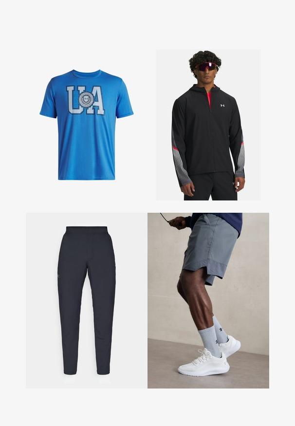 Juodas zip-up džemperis su gobtuvu, su pilkomis juostelėmis ir raudonais akcentais ant rankovių. Užsidėtas ant raudono marškinėlio, demonstruojamas su akiniais nuo saulės.; Mėlynas medvilnės marškinėliai su dideliais "UA" rašmenimis ir apvaliame ženkle po jais. Trumpomis rankovėmis ir apvaliomis iškirptėmis. Slydus paviršius.; Juodos sportinės kelnės su lygiu paviršiumi, siauru siluetu, elastingu juosmeniu ir šoninėmis kišenėmis. Mažas logotipas yra kairėje šlaunyje.; Balti sportiniai bateliai su tekstūruotu tinkleliu viršuje, derinami su šviesiai mėlynomis ribotomis kojinėmis su logotipu. Pilki sportiniai šortai su perforuota apdaila.