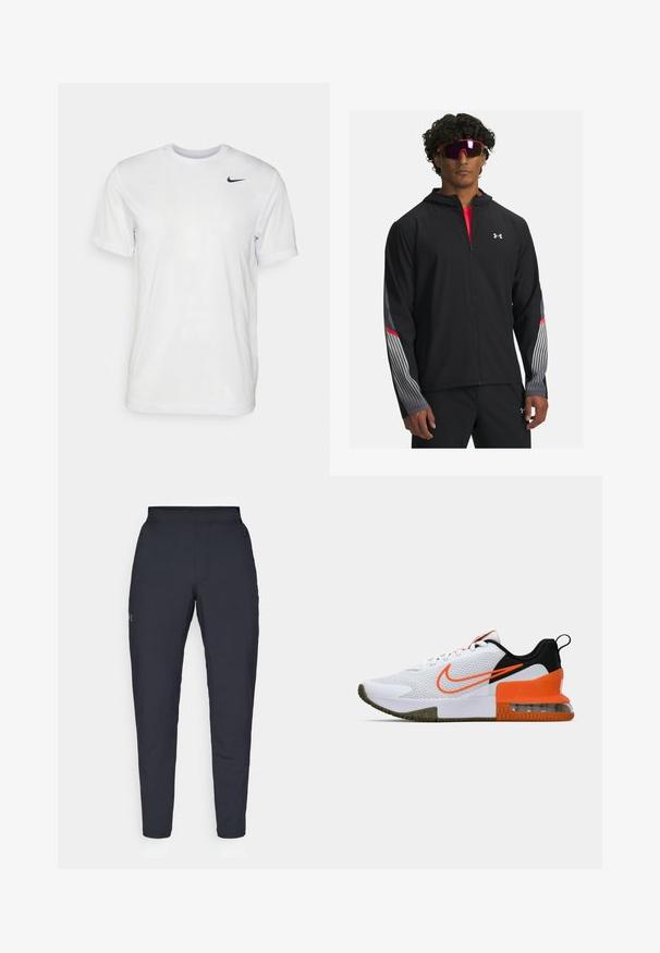 Sort zip-jakke med hætte, prydet med grå striber og røde detaljer på ærmerne. Bæres over en rød skjorte, vist med solbriller.; Hvid kortærmet t-shirt lavet af glat stof. Har en rund hals og et lille sort Nike-logo på venstre bryst.; Sorte atletiske bukser med en glat overflade, tætsiddende pasform, elastisk talje og sidelommer. Indeholder et lille logo på venstre lår.; Hvid sportsko med et struktureret mesh-overdel, sorte og orange detaljer, en tyk gummisål og en klar luftdæmpningssektion ved hælen.