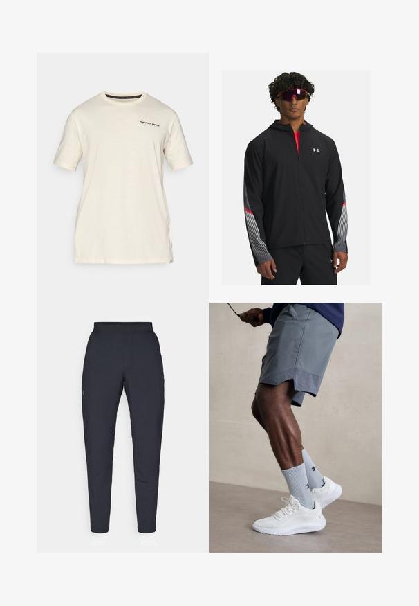 Mustra musta tõmbetaskuga jope, millel on hallid triibud ja punased aktsendid varrukatel. Kandmine punase särgi peal, esitatud koos prillidega.; Kreemivärviline puuvillane lühikeste varrukatega T-särk. Ees vasakul rinnal on väike must logo ja ümardatud kaelus.; Mustad mustreid spordipüksid, millel on sile tekstuur, kitsas lõige, elastne vöökoht ja küljetaskud. Vasakule reiele on tikandatud väike logo.; Valged spordijalatsid tekstuurse võrguga pealispinnaga, millele on lisatud helesinised ribakujulised sokid logoga. Hallid spordilühikesed püksid, millel on perforeeritud ääred.