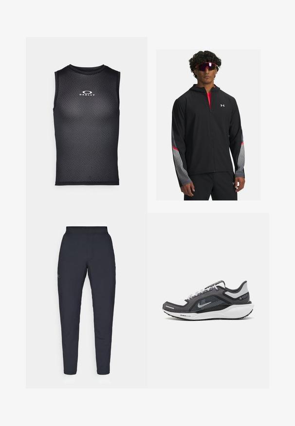 Schwarze Zip-up-Jacke mit Kapuze, mit grauen Streifen und roten Akzenten an den Ärmeln. Getragen über einem roten Shirt, präsentiert mit Sonnenbrille.; Schwarzes ärmelloses Sportshirt aus Netzmaterial mit einem Rundhalsausschnitt und dem weißen "Oakley"-Logo auf der Brust.; Schwarze Sporthose mit glatter Textur, schlankem Schnitt, elastischem Bund und seitlichen Taschen. Mit einem kleinen Logo auf dem linken Oberschenkel.; Schwarzer und grauer Sportschuh mit einem Mesh-Obermaterial, reflektierenden Akzenten und einer weißen Zwischensohle. Verfügt über eine strukturierte Gummisohle und Schnürsenkel.