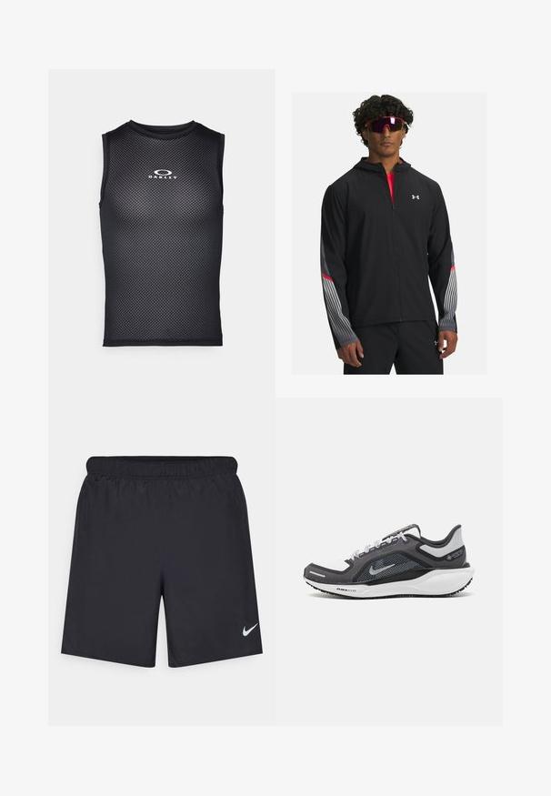 Giubbotto nero con zip e cappuccio, caratterizzato da strisce grigie e dettagli rossi sulle maniche. Indossato sopra una maglietta rossa, esibito con occhiali da sole.; Maglietta atletica nera senza maniche realizzata in materiale a rete, con scollatura rotonda e logo "Oakley" bianco sul petto.; Shorts sportivi neri realizzati in materiale leggero con vita elastica. Presentano un piccolo logo Nike bianco sul lato sinistro in basso.; Scarpa da ginnastica nera e grigia con tomaia in rete, dettagli riflettenti e intersuola bianca. Presenta una suola in gomma testurizzata e lacci.