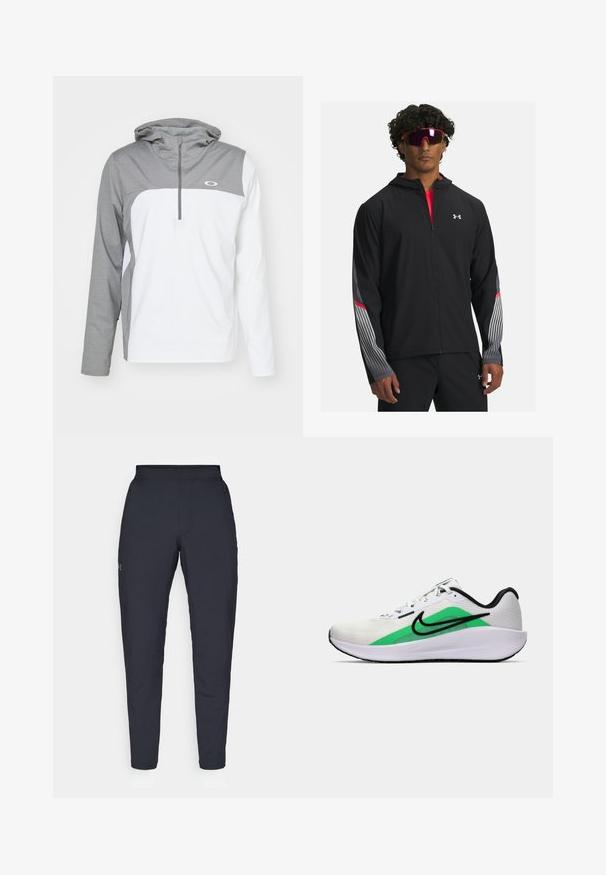 Zwarte zip-up jas met een capuchon, voorzien van grijze strepen en rode accenten op de mouwen. Draag deze over een rood T-shirt, weergegeven met een zonnebril.; Lichte pulloverjack met een grijs bovenstuk, wit onderstuk en een ritskraag. Beschikt over een capuchon en een logo op de borst.; Zwarte sportbroeken met een gladde textuur, slanke pasvorm, elastische tailleband en zijzakken. Bevat een klein logo op het linkerdij.; Witte sportieve schoen met een groene accenta, zwart logo, bovenwerk van mesh, gevoerde zool en een afgeronde hak. Voorzien van veters en contrasterende details.