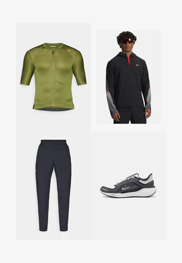 Chaqueta negra con cremallera y capucha, que presenta rayas grises y detalles rojos en las mangas. Llevada sobre una camiseta roja, mostrada con gafas de sol.; Jersey de ciclismo de color verde oliva, de manga corta, con un alto cuello, cremallera frontal y una sutil textura acanalada. Presenta un acento del logo en el hombro.; Pantalones deportivos negros con una textura suave, corte ajustado, cinturilla elástica y bolsillos laterales. Presentan un pequeño logo en el muslo izquierdo.; Zapatilla deportiva negro y gris con parte superior de malla, acentos reflectantes y una entresuela blanca. Presenta una suela de goma texturizada y cordones.