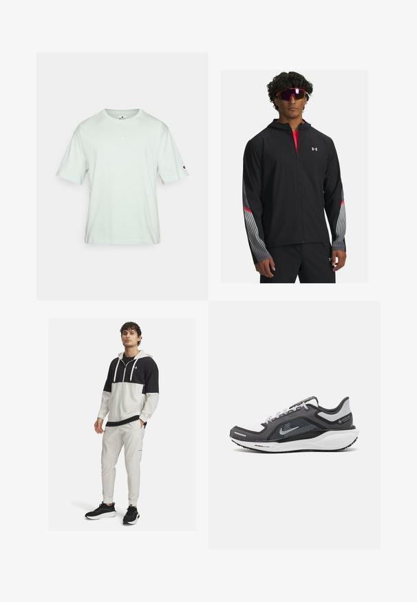 Black zip-up jacket with a hood, featuring gray stripes and red accents on sleeves. Worn over a red shirt, displayed with sunglasses.; Light mint green cotton t-shirt with short sleeves, relaxed fit, and small embroidered logo on chest. Soft texture and minimal design.; Hooded athletic jacket in black and white with a zip closure; paired with white joggers featuring pockets and elastic cuffs; black sneakers.; Black and gray athletic shoe with a mesh upper, reflective accents, and a white midsole. Features textured rubber outsole and laces.