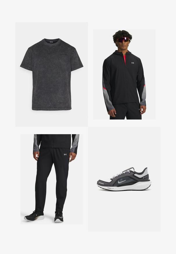 Juodas zip-up džemperis su gobtuvu, su pilkomis juostelėmis ir raudonais akcentais ant rankovių. Užsidėtas ant raudono marškinėlio, demonstruojamas su akiniais nuo saulės.; Juodas medvilnės marškinėliai su minkšta, išblukusia tekstūra. Trumpomis rankovėmis, apvaliu iškirpimu ir subtilia logotipo detale ant krūtinės. Reguliarus kirpimas.; Juodos sportinės kelnės, pagamintos iš lengvos medžiagos, su siaurėjančiu dizainu ir elastingu juosmeniu. Papuoštos mažyte logotipu priekyje.; Juodas ir pilkas sportinis batelis su tinkleliu viršuje, atspindinčiais akcentais ir balta vidurinė dalimi. Yra tekstūruota guminė išorinė pada ir raišteliai.