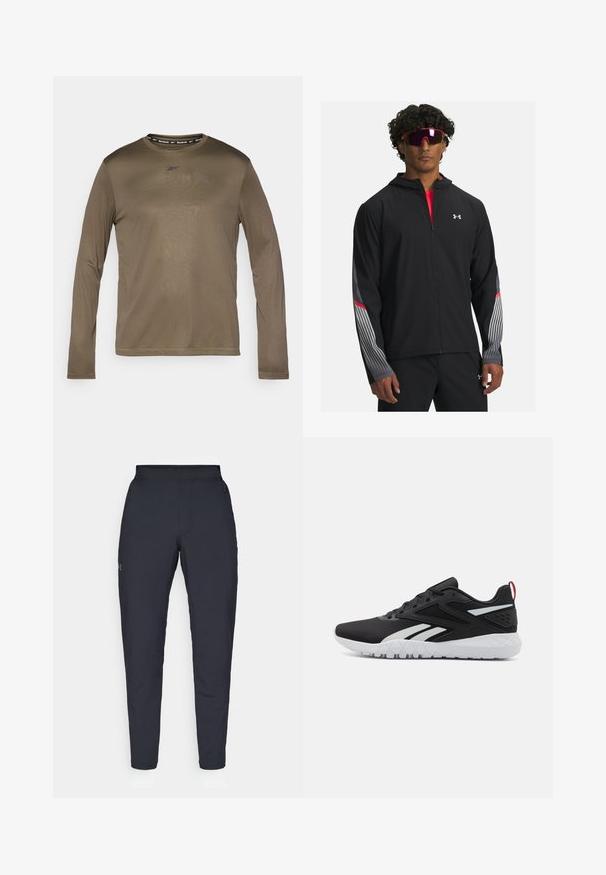 Zwarte zip-up jas met een capuchon, voorzien van grijze strepen en rode accenten op de mouwen. Draag deze over een rood T-shirt, weergegeven met een zonnebril.; Olijfgroene longsleeve shirt met een ronde halslijn, Reebok-logo op de borst en een contrasterende zwarte band bij de kraag. Gladde textuur.; Zwarte sportbroeken met een gladde textuur, slanke pasvorm, elastische tailleband en zijzakken. Bevat een klein logo op het linkerdij.; Zwarte sportieve schoenen met een bovenkant van mesh, witte accenten, een gestructureerde zool en een rode hieltab voor extra detail.