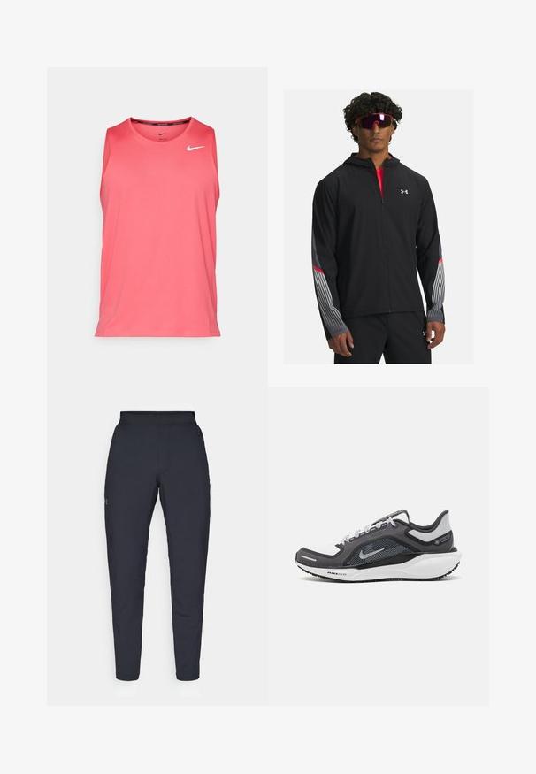 Čierna zipová bunda s kapucňou, obsahujúca šedé pruhy a červené akcenty na rukávoch. Nosená cez červené tričko, vystavená s okuliarmi.; Nike Performance MILER TANK - Top - aster pink/reflective silver; Čierne športové nohavice s hladkým povrchom, priliehavým strihom, elastickým pásom a bočnými vreckami. Obsahujú malé logo na ľavom stehne.; Čierna a sivá športová obuv s vrchnou časťou z priedušného materiálu, reflexné akcenty a biely medzipodrážka. Obsahuje štruktúrovanú gumovú podrážku a šnúrky.