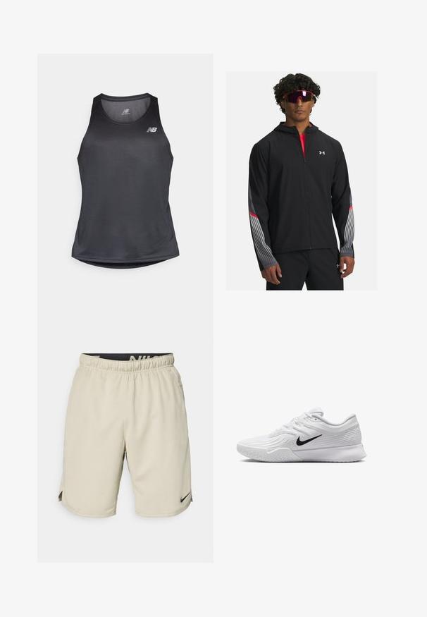 Black zip-up jacket with a hood, featuring gray stripes and red accents on sleeves. Worn over a red shirt, displayed with sunglasses.; Black athletic tank top made of moisture-wicking fabric, featuring a round neckline and subtle ribbed texture, with a white logo on the chest.; Beige athletic shorts made from lightweight fabric, featuring an elastic waistband, side slits, and a small black Nike logo on the lower left side.; White athletic shoe with textured mesh upper, black Nike swoosh, padded collar, and rubber outsole with a tread pattern.