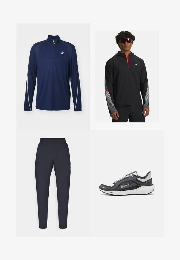 Schwarze Zip-up-Jacke mit Kapuze, mit grauen Streifen und roten Akzenten an den Ärmeln. Getragen über einem roten Shirt, präsentiert mit Sonnenbrille.; Marineblaues Langarmshirt mit einem Halbreißverschluss-Kragen, ausgestattet mit hellgrauen Akzenten entlang der Schultern und Ärmel, aus feuchtigkeitsableitendem Stoff.; Schwarze Sporthose mit glatter Textur, schlankem Schnitt, elastischem Bund und seitlichen Taschen. Mit einem kleinen Logo auf dem linken Oberschenkel.; Schwarzer und grauer Sportschuh mit einem Mesh-Obermaterial, reflektierenden Akzenten und einer weißen Zwischensohle. Verfügt über eine strukturierte Gummisohle und Schnürsenkel.