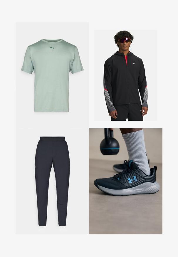 Mustapukuinen vetoketjullinen takki hupulla, jossa on harmaat raidat ja punaiset yksityiskohdat hihoissa. Viettää punaisen paidan päällä, esiteltynä aurinkolasien kanssa.; Vihreä lyhythihainen t-paita, jossa on pyöreä kaula-aukko ja pieni tummanvihreä Puma-logo rinnassa. Sujuva pinta, rennoa muotoilua.; Mustat urheiluhousut, joissa on sileä pinta, kapea malli, joustava vyötäkuja ja sivutaskut. Vasemmassa reisissä on pieni logo.; Mustat urheilukengät sinisillä yksityiskohdilla, teksturoitu pinta ja harmaa pohja. Vaatteena harmaat ribbited socksit, mustan kettlebellin vieressä.