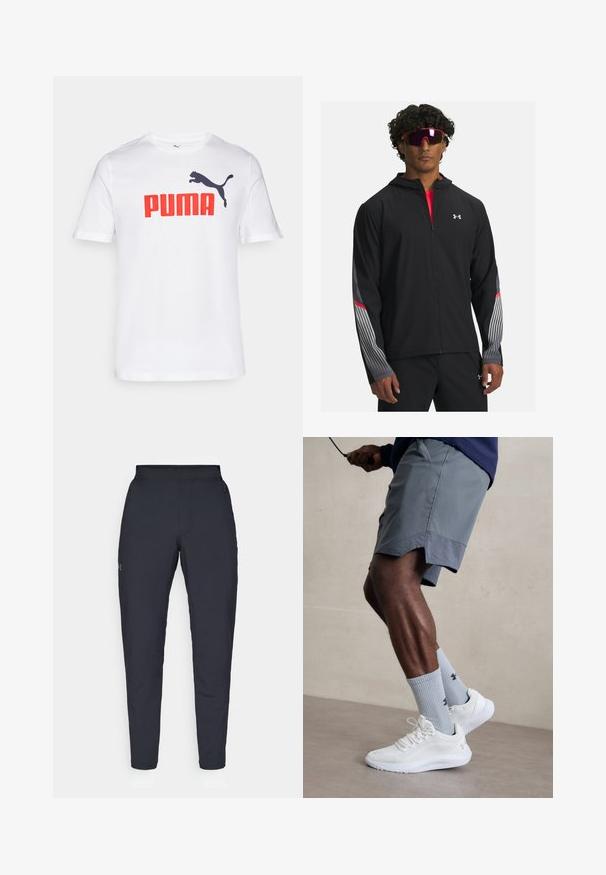 Chaqueta negra con cremallera y capucha, que presenta rayas grises y detalles rojos en las mangas. Llevada sobre una camiseta roja, mostrada con gafas de sol.; Camiseta blanca de algodón con un gran logotipo rojo de "PUMA" y una gráfica de un puma saltando en negro en la parte izquierda del pecho. Diseño de cuello redondo.; Pantalones deportivos negros con una textura suave, corte ajustado, cinturilla elástica y bolsillos laterales. Presentan un pequeño logo en el muslo izquierdo.; Zapatillas deportivas blancas con parte superior de malla texturizada, combinadas con calcetas de canalé azul claro que cuentan con un logo. Pantalones cortos deportivos grises con borde perforado.