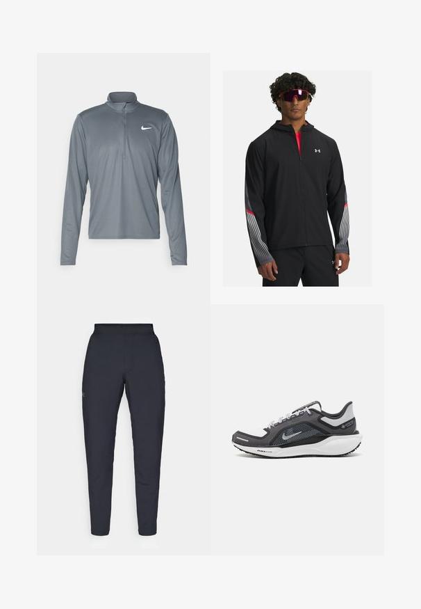 Mustra musta tõmbetaskuga jope, millel on hallid triibud ja punased aktsendid varrukatel. Kandmine punase särgi peal, esitatud koos prillidega.; Hallika pika varrukaga Nike'i spordipaita, millel on veerand-zipp krae. Valmistatud sileda ja kerge kangaga, millel on rindkeres väike valge logo.; Mustad mustreid spordipüksid, millel on sile tekstuur, kitsas lõige, elastne vöökoht ja küljetaskud. Vasakule reiele on tikandatud väike logo.; Mustern ja hallide värvusega spordijalats, millel on võrgusilmast ülemine osa, peegeldavad aktsendid ja valge vaheosa. Omab tekstuuriga kummist välisosa ja kingapaelu.