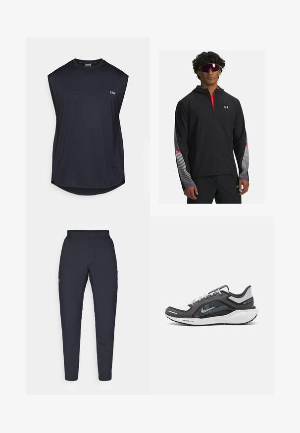 Černá zipová bunda s kapucí, s šedými pruhy a červenými akcenty na rukávech. Nositá přes červené tričko, vystavená se slunečními brýlemi.; Tmavě námořnické bezrukávové sportovní tričko z texturované tkaniny. Má zaoblený lem a malé logo na levé přední straně. Prodyšný design.; Černé sportovní kalhoty s hladkou texturou, slim fit, elastickým pasem a bočními kapsami. Na levém stehně je umístěno malé logo.; Černá a šedá sportovní obuv s vrškem z prodyšné síťoviny, reflexními akcenty a bílou mezipodešví. Obsahuje texturovanou gumovou podrážku a tkaničky.