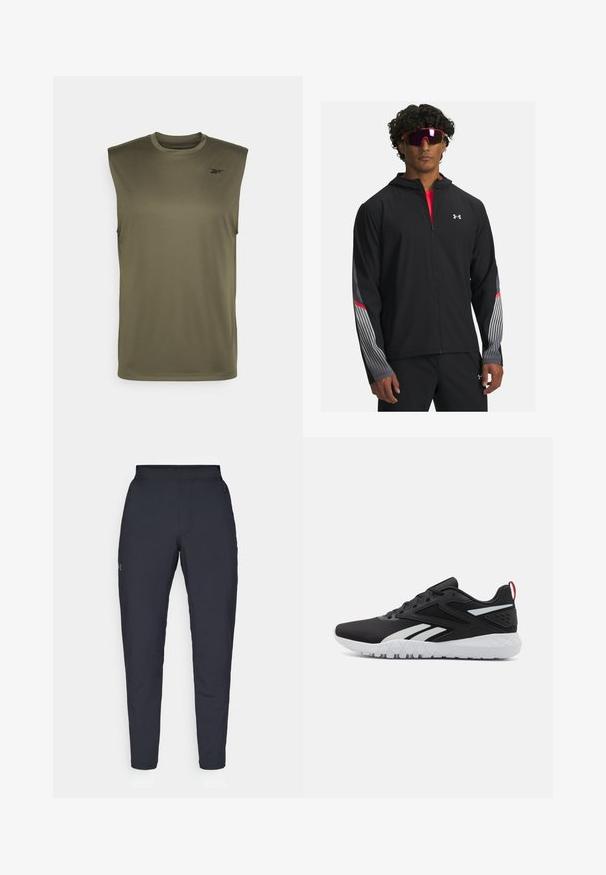 Melnas zip-up jaka ar kapuci, ar pelēkām svītrām un sarkaniem akcentiem uz piedurknēm. Valkāta virs sarkanas kreklas, parādīta ar saulesbrillēm.; Reebok TRAIN SLEEVELESS TECH T-SHIRT - Tops - army green; Melnas sporta bikses ar gludu tekstūru, šauru piegriezumu, elastīgu jostu un sānu kabatām. Uz kreisā augšstilba ir mazs logs.; Melnas sporta apavas ar aizsargājošu sietu augšējo daļu, baltām akcentiem, strukturētu zoli un sarkanu papēža cilpu papildu detaļām.