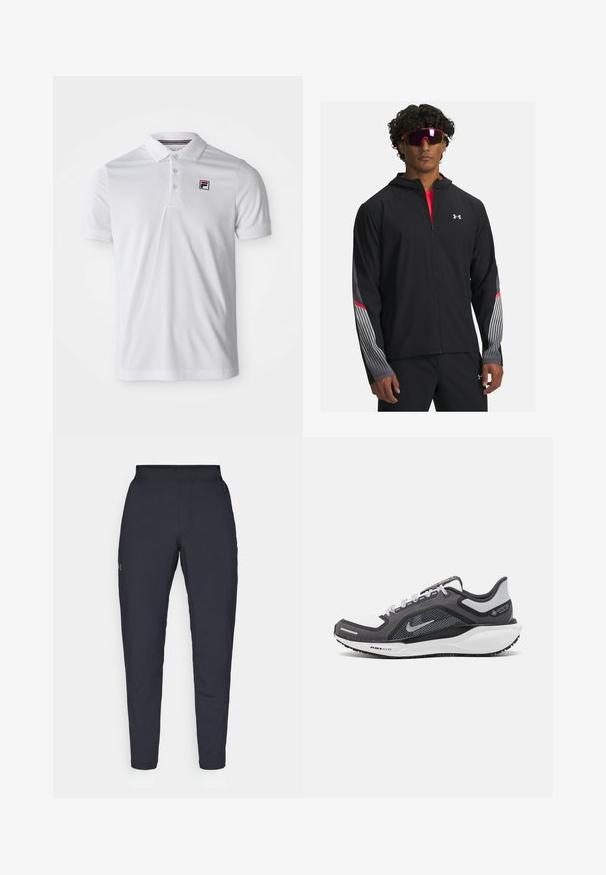 Sort zip-jakke med hætte, prydet med grå striber og røde detaljer på ærmerne. Bæres over en rød skjorte, vist med solbriller.; Hvid polo shirt lavet af glat, åndbart stof. Har en knapkrave og et lille logo på venstre bryst. Korte ærmer.; Sorte atletiske bukser med en glat overflade, tætsiddende pasform, elastisk talje og sidelommer. Indeholder et lille logo på venstre lår.; Sort og grå atletisk sko med en mesh-overdel, reflekterende detaljer og en hvid mellemsål. Har en tekstureret gummisål og snørebånd.