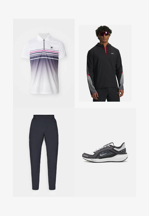Juodas zip-up džemperis su gobtuvu, su pilkomis juostelėmis ir raudonais akcentais ant rankovių. Užsidėtas ant raudono marškinėlio, demonstruojamas su akiniais nuo saulės.; Balta polo marškinėliai su trumpomis rankovėmis, priekinis užtrauktukas, horizontaliomis dryžiais purpurine, rožine ir pilka spalvomis, ir mažas juodas logotipas ant krūtinės.; Juodos sportinės kelnės su lygiu paviršiumi, siauru siluetu, elastingu juosmeniu ir šoninėmis kišenėmis. Mažas logotipas yra kairėje šlaunyje.; Juodas ir pilkas sportinis batelis su tinkleliu viršuje, atspindinčiais akcentais ir balta vidurinė dalimi. Yra tekstūruota guminė išorinė pada ir raišteliai.