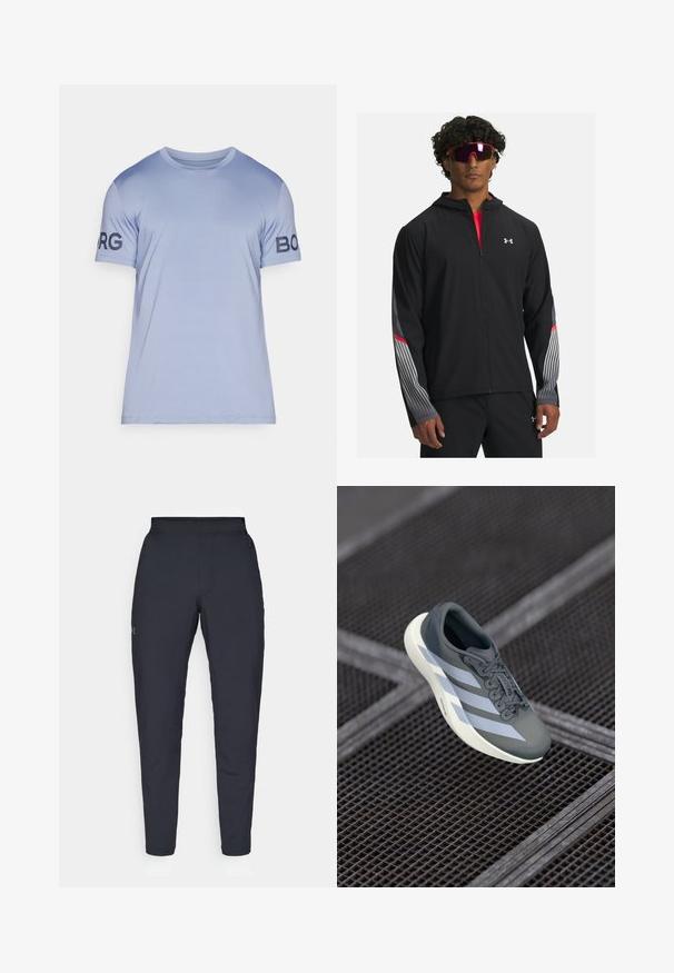 Mustra musta tõmbetaskuga jope, millel on hallid triibud ja punased aktsendid varrukatel. Kandmine punase särgi peal, esitatud koos prillidega.; Hele sinine T-särk, mis on valmistatud siledast kangast. Ümmargune kaelus ja lühikesed varrukad. Vasakul varrukal on tumblue "BORG" logo.; Mustad mustreid spordipüksid, millel on sile tekstuur, kitsas lõige, elastne vöökoht ja küljetaskud. Vasakule reiele on tikandatud väike logo.; Hallide saapad hallis ja valges, valmistatud sünteetilisest materjalist, voolujoonelise disainiga, tekstuurse viimistlusega ja silmapaistva nöörimise süsteemiga.