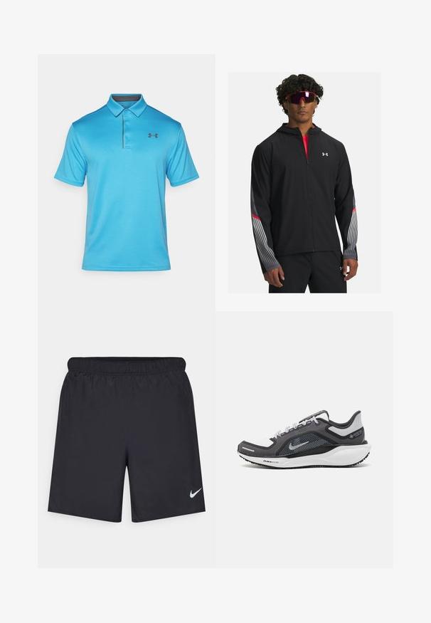 Zwarte zip-up jas met een capuchon, voorzien van grijze strepen en rode accenten op de mouwen. Draag deze over een rood T-shirt, weergegeven met een zonnebril.; Blauwe polo met een gemêleerde stof, voorzien van een kraag, een drie knopen sluiting en een klein zwart logo op de linkerkant van de borst.; Zwarte sportshorts gemaakt van lichtgewicht materiaal met een elastische tailleband. Voorzien van een klein wit Nike-logo aan de onderzijde aan de linkerkant.; Zwarte en grijze sportschoen met een bovenwerk van mesh, reflecterende accenten en een witte tussenzool. Beschikt over een gestructureerde rubberen zool en veters.