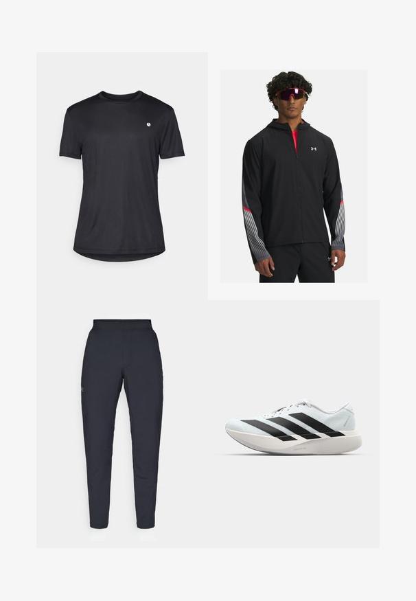 Juodas zip-up džemperis su gobtuvu, su pilkomis juostelėmis ir raudonais akcentais ant rankovių. Užsidėtas ant raudono marškinėlio, demonstruojamas su akiniais nuo saulės.; Juodas trumpomis rankovėmis marškinėliai, pagaminti iš lygios medžiagos, su apvaliu iškirpimu ir mažuoju baltu logotipu kairėje krūtinės srityje.; Juodos sportinės kelnės su lygiu paviršiumi, siauru siluetu, elastingu juosmeniu ir šoninėmis kišenėmis. Mažas logotipas yra kairėje šlaunyje.; Lengvi bėgimo batai šviesiai mėlynos spalvos su juodomis juostelėmis. Yra lygus viršus, apvalus pirštas ir storas baltas vidpadis su užrašu "LIGHTSTRIKE PRO."