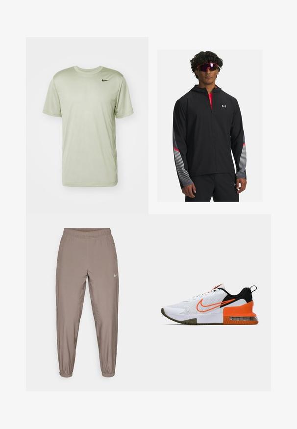 Schwarze Zip-up-Jacke mit Kapuze, mit grauen Streifen und roten Akzenten an den Ärmeln. Getragen über einem roten Shirt, präsentiert mit Sonnenbrille.; Nike Performance TEE RESET - Sport T-Shirt - jade horizon; Nike Sporthosen in einem hellbraunen Farbton, mit elastischem Bund, schmal zulaufenden Beinen und Seitentaschen. Glattes, leichtes Material.; Weißer Sportschuh mit einem strukturierten Mesh-Obermaterial, schwarzen und orangefarbenen Akzenten, einer dicke Gummisohle und einem klaren Luftkissenbereich an der Ferse.