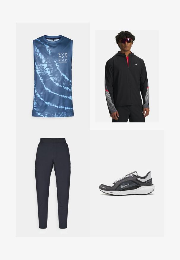 Juodas zip-up džemperis su gobtuvu, su pilkomis juostelėmis ir raudonais akcentais ant rankovių. Užsidėtas ant raudono marškinėlio, demonstruojamas su akiniais nuo saulės.; Rankovėmis marškinėliai, mėlyna marmurinė tekstūra, lengvas tinklinis audinys, apvalus iškirpimas, priekyje su "RUN" tekstu balta spalva.; Juodos sportinės kelnės su lygiu paviršiumi, siauru siluetu, elastingu juosmeniu ir šoninėmis kišenėmis. Mažas logotipas yra kairėje šlaunyje.; Juodas ir pilkas sportinis batelis su tinkleliu viršuje, atspindinčiais akcentais ir balta vidurinė dalimi. Yra tekstūruota guminė išorinė pada ir raišteliai.