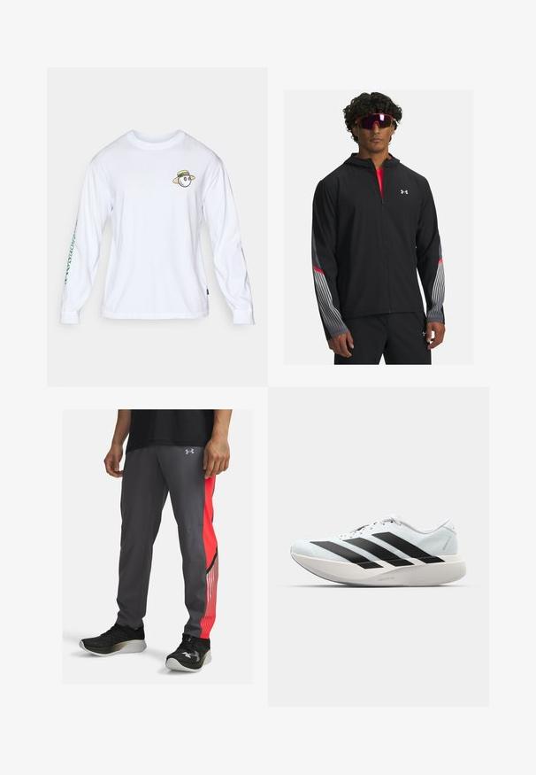 Mustapukuinen vetoketjullinen takki hupulla, jossa on harmaat raidat ja punaiset yksityiskohdat hihoissa. Viettää punaisen paidan päällä, esiteltynä aurinkolasien kanssa.; Pitkähihaista valkoista puuvillapaitaa, jossa on pyöreä kaula-aukko, rintamuksessa piirroskasvolla, jolla on olkisuoja, ja vihreä teksti hihassa.; Urheiluhousut harmaana, joissa on punaiset sivupaneelit ja raidoitettuja yksityiskohtia. Valmistettu kevyestä materiaalista. Varustettu logolla lantiolla ja taskuilla.; Kevyt juoksukengät vaaleansinisinä mustilla raidoilla. Ominaisuuksiin kuuluu sileä pinta, pyöreä kärki ja paksu valkoinen välipohja, joka on merkitty "LIGHTSTRIKE PRO".