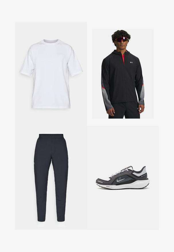 Mustra musta tõmbetaskuga jope, millel on hallid triibud ja punased aktsendid varrukatel. Kandmine punase särgi peal, esitatud koos prillidega.; Valge lühikese varrukaga T-särk ümmarguse kaelusega, mis on valmistatud siledast kangast. Ees on vaevumärgatav logo veidi tumedamas toonis.; Mustad mustreid spordipüksid, millel on sile tekstuur, kitsas lõige, elastne vöökoht ja küljetaskud. Vasakule reiele on tikandatud väike logo.; Mustern ja hallide värvusega spordijalats, millel on võrgusilmast ülemine osa, peegeldavad aktsendid ja valge vaheosa. Omab tekstuuriga kummist välisosa ja kingapaelu.