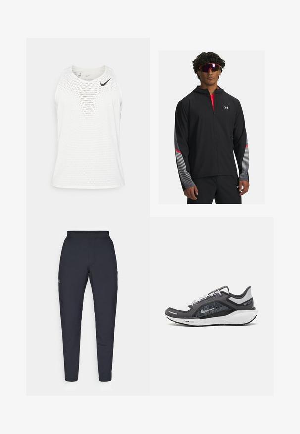 Črna zip-up jakna s kapuco, z sivimi črto in rdečimi detajli na rokavih. Oblačila so nad rdečo majico, prikazana z očali.; Bela brezrokavna športna majica iz zračnega mrežastega materiala, z okroglim izrezom in majhnim črnim logotipom Nike na levi prsi.; Črne atletske hlače z gladko teksturo, ožjega kroja, elastičnim pasom in stranskimi žepi. Imajo majhen logotip na levem stegnu.; Črne in sive atletske čevlje z mrežasto zgornjim delom, odsevnimi detajli in belim srednjim podplatom. Imajo strukturiran gumijast podplat in vezalke.