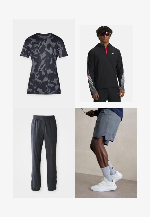 Sort zip-jakke med hætte, prydet med grå striber og røde detaljer på ærmerne. Bæres over en rød skjorte, vist med solbriller.; Grå camouflage t-shirt med korte ærmer lavet af glat, letvægtsstof; har en rund halsudskæring og subtil branding på fronten.; Mænds mørkegrå letvægtsbukser med elastisk talje og ankelmanchetter, frontlommer med lynlåse, lagt fladt på en hvid baggrund.; Hvide sportsko med tekstureret mesh-overdel, parret med lyseblå ribbede sokker med et logo. Grå sports shorts med perforeret kant.