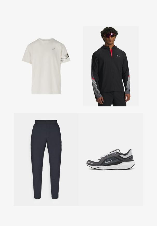 Chaqueta negra con cremallera y capucha, que presenta rayas grises y detalles rojos en las mangas. Llevada sobre una camiseta roja, mostrada con gafas de sol.; ASICS ICON SS - Camiseta deportiva - cream; Pantalones deportivos negros con una textura suave, corte ajustado, cinturilla elástica y bolsillos laterales. Presentan un pequeño logo en el muslo izquierdo.; Zapatilla deportiva negro y gris con parte superior de malla, acentos reflectantes y una entresuela blanca. Presenta una suela de goma texturizada y cordones.