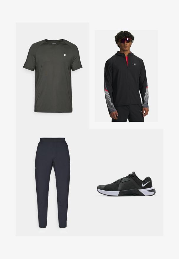 Čierna zipová bunda s kapucňou, obsahujúca šedé pruhy a červené akcenty na rukávoch. Nosená cez červené tričko, vystavená s okuliarmi.; Tmavošedé športové tričko s krátkym rukávom, vyrobené z priedušnej látky. Má okrúhly výstrih a malé biele logo na ľavej hrudi.; Čierne športové nohavice s hladkým povrchom, priliehavým strihom, elastickým pásom a bočnými vreckami. Obsahujú malé logo na ľavom stehne.; Nike Performance METCON 10 - Tréningová obuv - black/white/anthracite