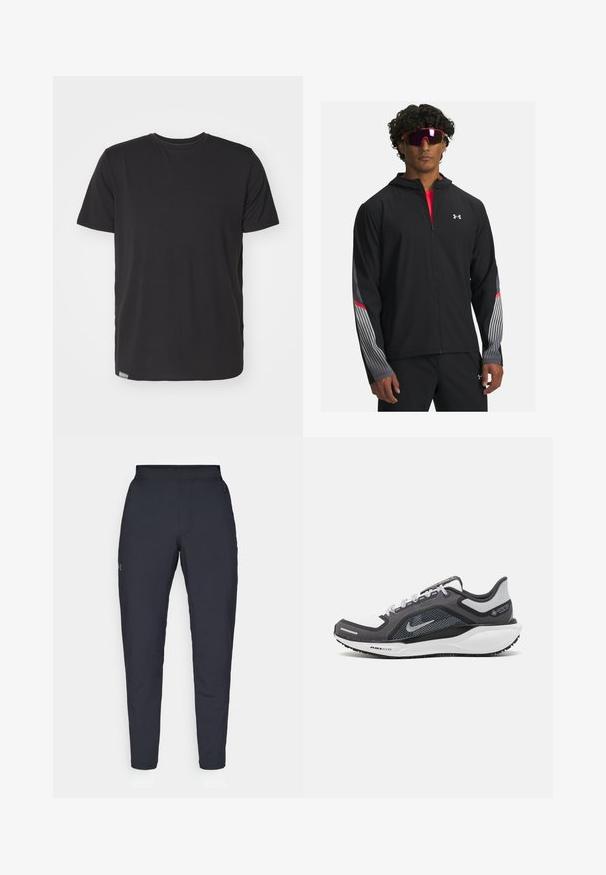 Mustra musta tõmbetaskuga jope, millel on hallid triibud ja punased aktsendid varrukatel. Kandmine punase särgi peal, esitatud koos prillidega.; Must must beebi t-särk sileda puuvillase materjaliga, mis on varrukateta, klassikalise ümmarguse kaelusega ja väikese etiketi külje alumises õmbluses.; Mustad mustreid spordipüksid, millel on sile tekstuur, kitsas lõige, elastne vöökoht ja küljetaskud. Vasakule reiele on tikandatud väike logo.; Mustern ja hallide värvusega spordijalats, millel on võrgusilmast ülemine osa, peegeldavad aktsendid ja valge vaheosa. Omab tekstuuriga kummist välisosa ja kingapaelu.