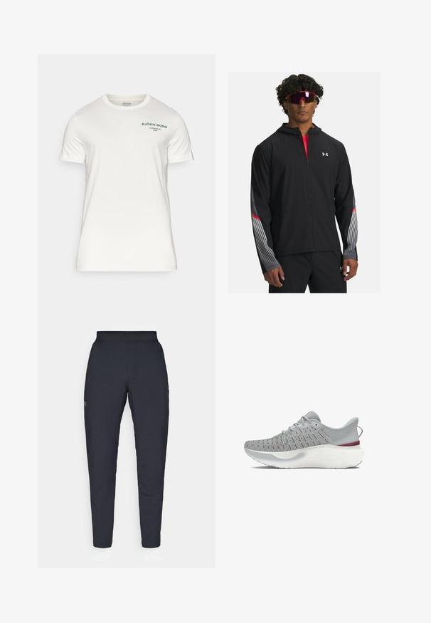 Giubbotto nero con zip e cappuccio, caratterizzato da strisce grigie e dettagli rossi sulle maniche. Indossato sopra una maglietta rossa, esibito con occhiali da sole.; Björn Borg ESSENTIAL - T-shirt basic - cloud dancer; Pantaloni sportivi neri con una texture liscia, vestibilità slim, vita elastica e tasche laterali. Presentano un piccolo logo sulla coscia sinistra.; Scarpa da corsa grigia con tomaia in rete e dettagli rossi, suola spessa bianca e design testurizzato per una migliore aderenza.