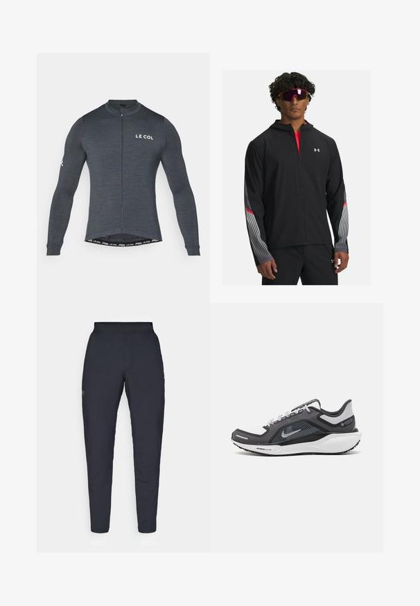 Chaqueta negra con cremallera y capucha, que presenta rayas grises y detalles rojos en las mangas. Llevada sobre una camiseta roja, mostrada con gafas de sol.; Maillot de ciclismo de manga larga en tejido gris oscuro, con cremallera frontal y logo blanco "LE COL" en el pecho y la manga. Diseño ceñido y elástico.; Pantalones deportivos negros con una textura suave, corte ajustado, cinturilla elástica y bolsillos laterales. Presentan un pequeño logo en el muslo izquierdo.; Zapatilla deportiva negro y gris con parte superior de malla, acentos reflectantes y una entresuela blanca. Presenta una suela de goma texturizada y cordones.