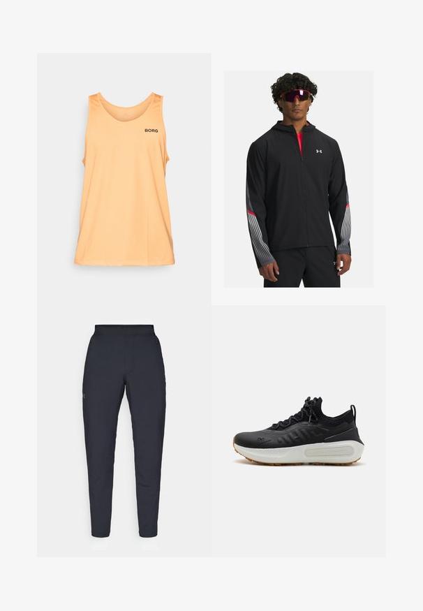 Svart zip-up jacka med huva, prydd med grå ränder och röda detaljer på ärmarna. Bärs över en röd skjorta, uppställd med solglasögon.; Persikorosa linne av lättviktsmaterial, med rund halsringning och en liten svart logotyp "BORG" på vänster bröst.; Svarta träningsbyxor med en slät yta, slim fit, elastisk midja och sidofickor. Har en liten logotyp på vänstra låret.; Svart idrottssko med en texturerad ovandel, strumpliknande krage, grå snören och en vit mellansula med ett mönstrat mönster samt gummiyttersula.
